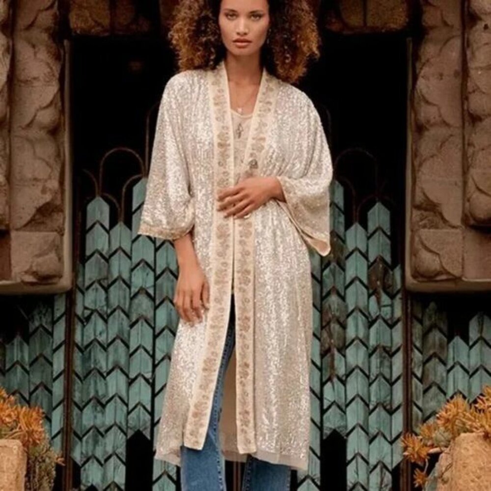 NEW Johnny Was Grace Sequin Kimono Embroidered Maxi Cardigan Silver Size: Small